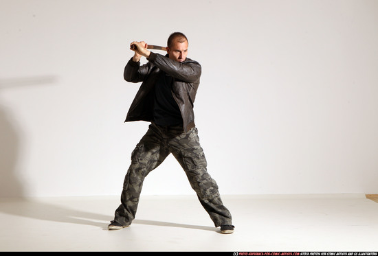 Man Adult Athletic White Fighting with sword Moving poses Casual