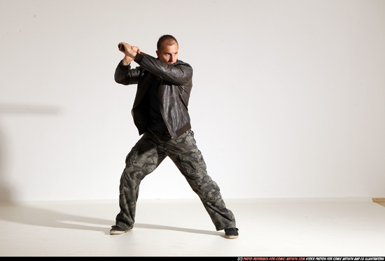 Man Adult Athletic White Fighting with sword Moving poses Casual