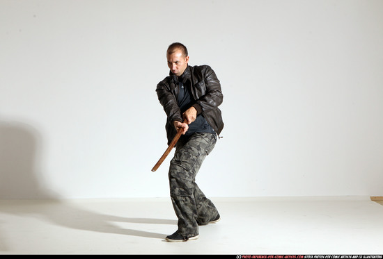 Man Adult Athletic White Fighting with sword Moving poses Casual