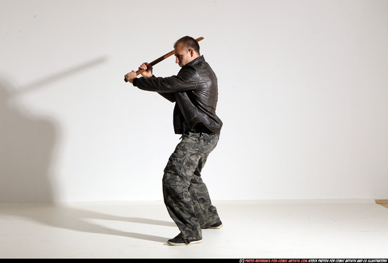 Man Adult Athletic White Fighting with sword Moving poses Casual