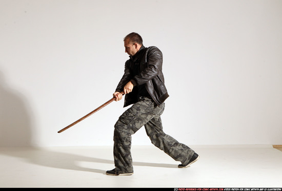 Man Adult Athletic White Fighting with sword Moving poses Casual