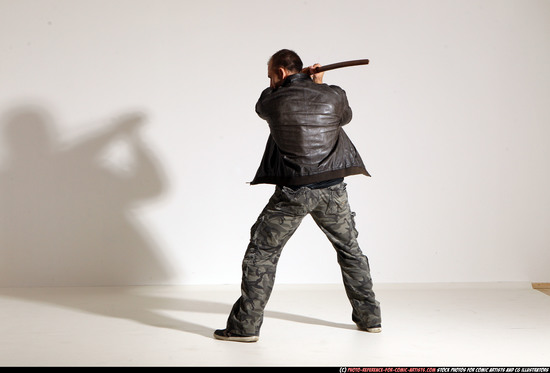 Man Adult Athletic White Fighting with sword Moving poses Casual