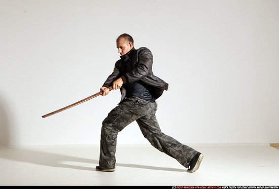 Man Adult Athletic White Fighting with sword Moving poses Casual