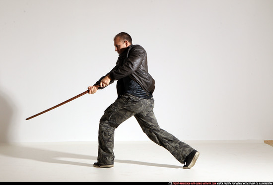 Man Adult Athletic White Fighting with sword Moving poses Casual