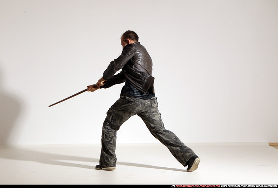 Man Adult Athletic White Fighting with sword Moving poses Casual