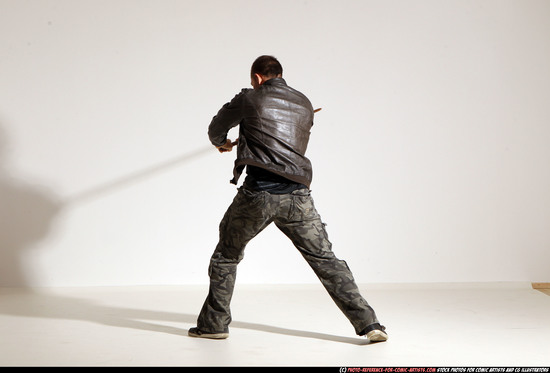 Man Adult Athletic White Fighting with sword Moving poses Casual