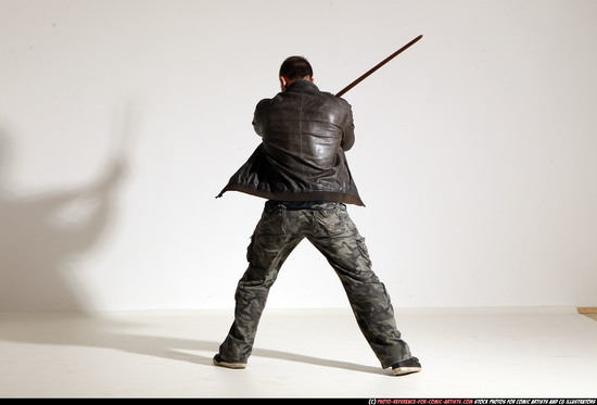 Man Adult Athletic White Fighting with sword Moving poses Casual