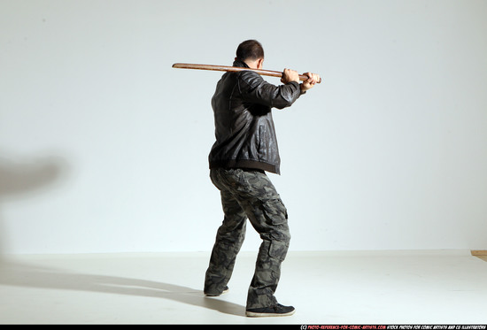 Man Adult Athletic White Fighting with sword Moving poses Casual