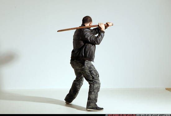 Man Adult Athletic White Fighting with sword Moving poses Casual