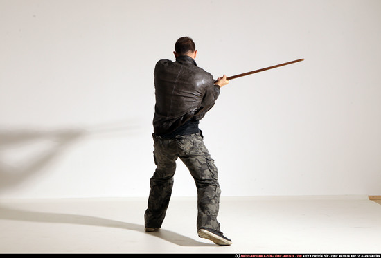 Man Adult Athletic White Fighting with sword Moving poses Casual