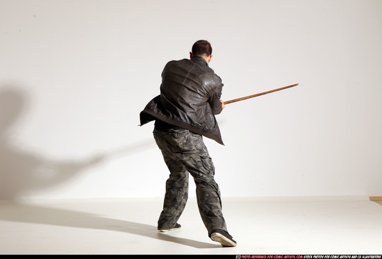 Man Adult Athletic White Fighting with sword Moving poses Casual