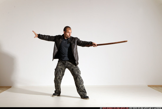 Man Adult Athletic White Fighting with sword Moving poses Casual