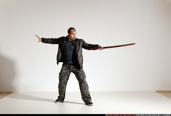 Man Adult Athletic White Fighting with sword Moving poses Casual