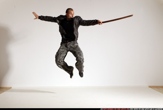 Man Adult Athletic White Fighting with sword Moving poses Casual