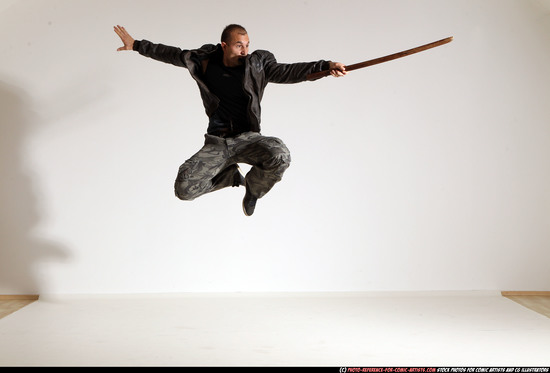 Man Adult Athletic White Fighting with sword Moving poses Casual