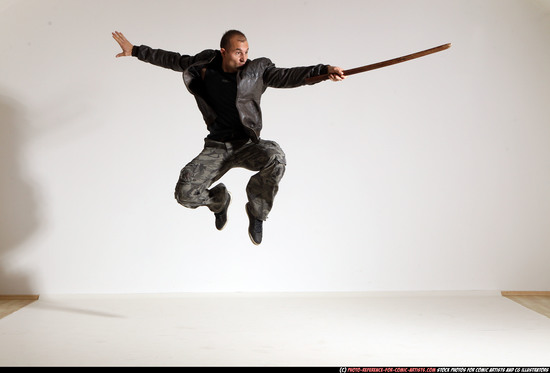 Man Adult Athletic White Fighting with sword Moving poses Casual