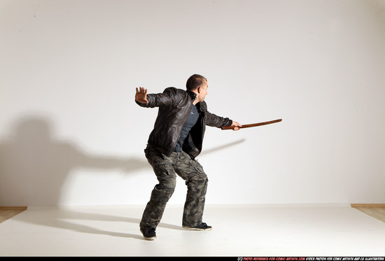 Man Adult Athletic White Fighting with sword Moving poses Casual