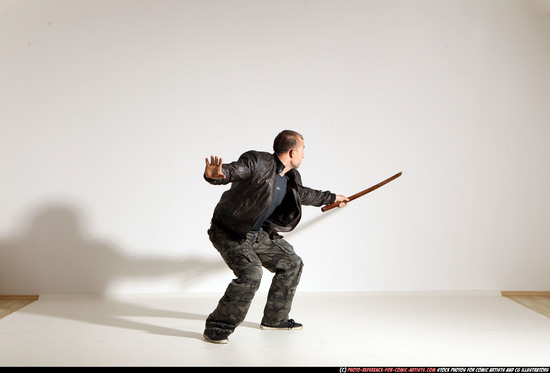 Man Adult Athletic White Fighting with sword Moving poses Casual