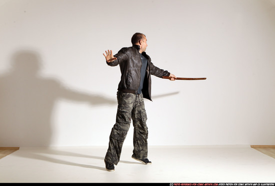 Man Adult Athletic White Fighting with sword Moving poses Casual