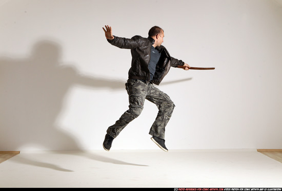 Man Adult Athletic White Fighting with sword Moving poses Casual