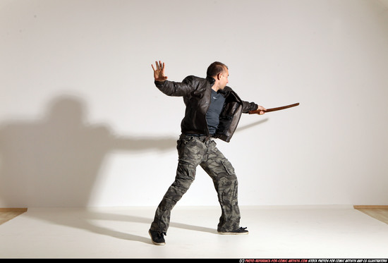 Man Adult Athletic White Fighting with sword Moving poses Casual