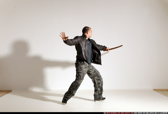 Man Adult Athletic White Fighting with sword Moving poses Casual