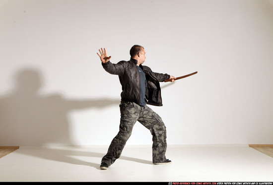 Man Adult Athletic White Fighting with sword Moving poses Casual