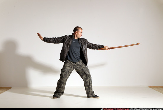 Man Adult Athletic White Fighting with sword Moving poses Casual