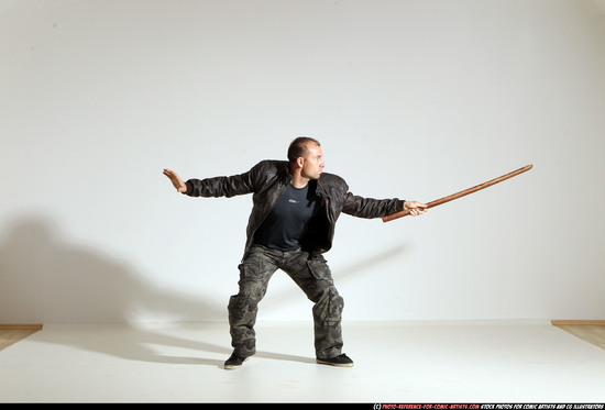 Man Adult Athletic White Fighting with sword Moving poses Casual