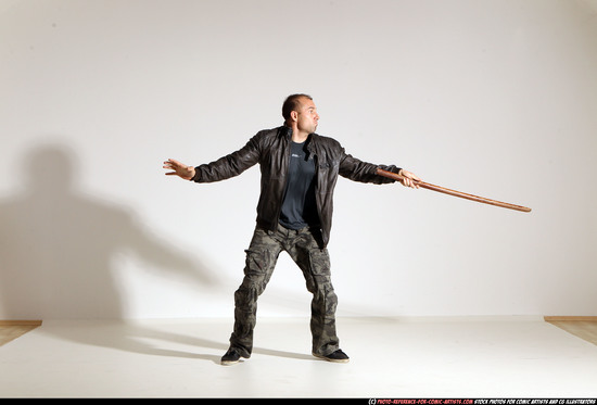 Man Adult Athletic White Fighting with sword Moving poses Casual