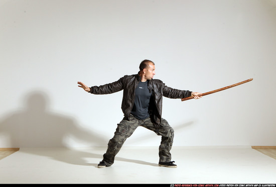 Man Adult Athletic White Fighting with sword Moving poses Casual