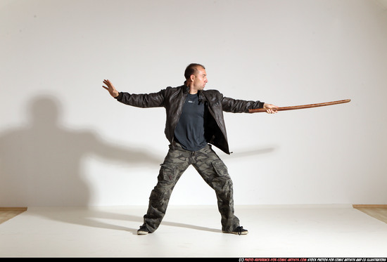 Man Adult Athletic White Fighting with sword Moving poses Casual