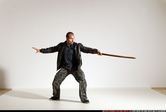 Man Adult Athletic White Fighting with sword Moving poses Casual