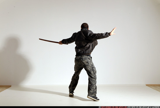 Man Adult Athletic White Fighting with sword Moving poses Casual