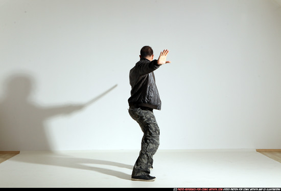 Man Adult Athletic White Fighting with sword Moving poses Casual