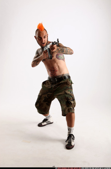 Man Adult Athletic White Fighting with submachine gun Standing poses Pants