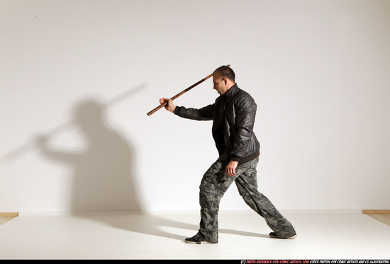 Man Adult Athletic White Fighting with sword Moving poses Casual