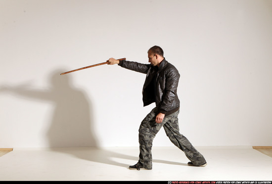 Man Adult Athletic White Fighting with sword Moving poses Casual