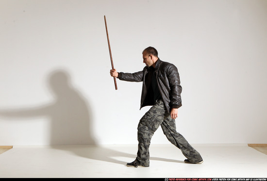 Man Adult Athletic White Fighting with sword Moving poses Casual