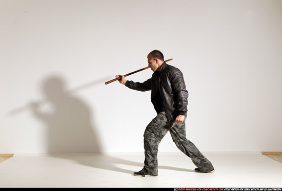 Man Adult Athletic White Fighting with sword Moving poses Casual