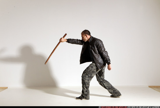 Man Adult Athletic White Fighting with sword Moving poses Casual