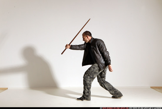 Man Adult Athletic White Fighting with sword Moving poses Casual