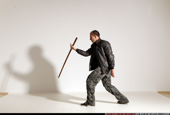 Man Adult Athletic White Fighting with sword Moving poses Casual