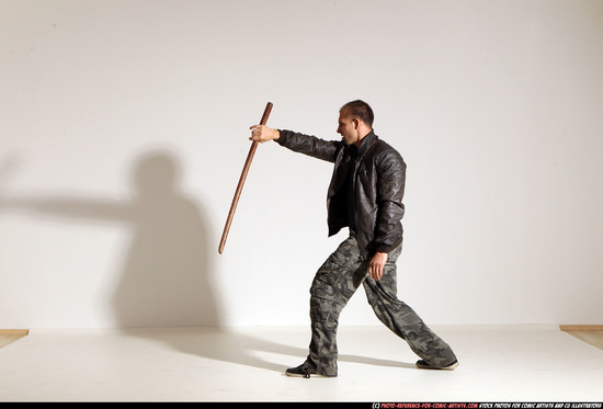 Man Adult Athletic White Fighting with sword Moving poses Casual