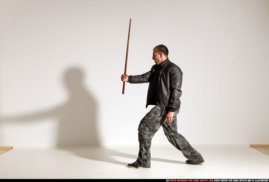 Man Adult Athletic White Fighting with sword Moving poses Casual