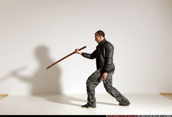 Man Adult Athletic White Fighting with sword Moving poses Casual