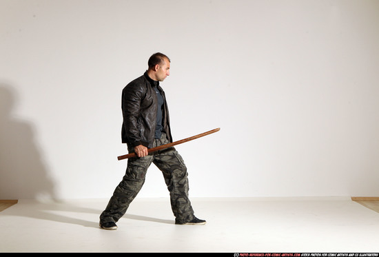 Man Adult Athletic White Fighting with sword Moving poses Casual