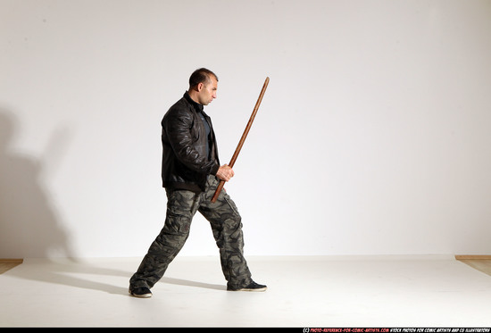 Man Adult Athletic White Fighting with sword Moving poses Casual