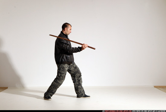 Man Adult Athletic White Fighting with sword Moving poses Casual