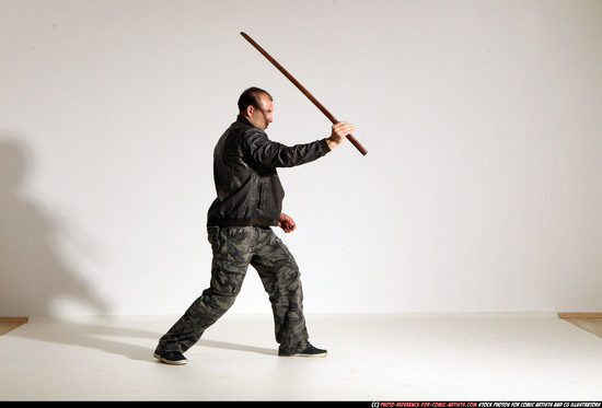 Man Adult Athletic White Fighting with sword Moving poses Casual